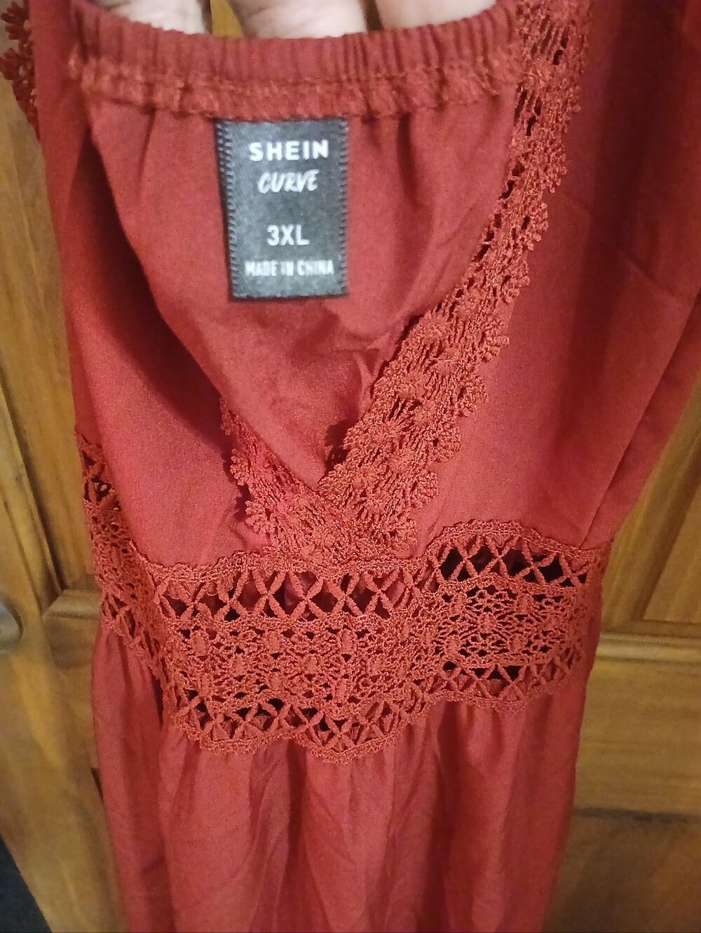 SHEIN Rust Red Crochet Waist V-Neck Maxi Dress